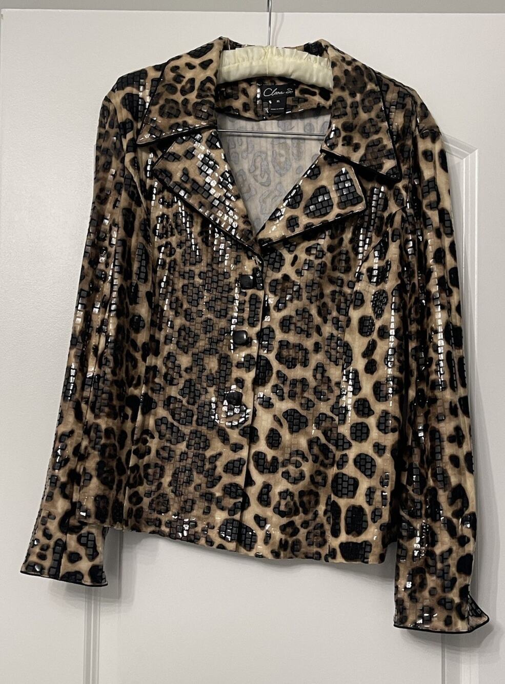 Vtg Y2K Clara S. Leopard Blazer Jacket XL Glossy Reptile Grid Rave Outfit Print